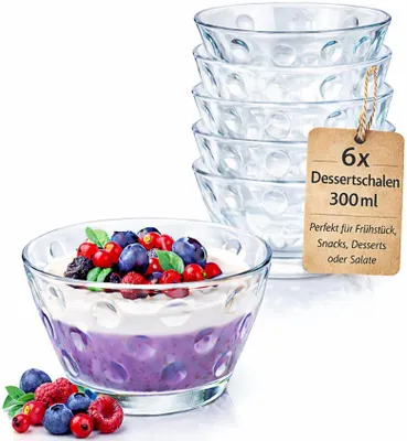 Produktbild von 6x Dessertschalen Glas 300 ml – Stapelbare Glasschalen Set für Dessert, Pudding, Müsli, Obst & Salat – Klare Schüsseln für Küche & Haushalt