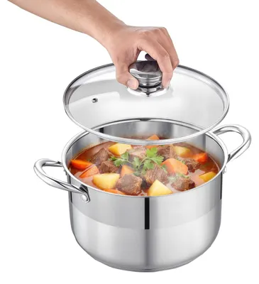 Produktbild von Edelstahl Kochtopf - Suppentopf 7,6 L - Mit Glasdeckel - Induktionsgeeignet - PFOA- & PFAS-frei - Für Gas- & Elektroherd - Für Eintöpfe Pasta Suppen - Silber
