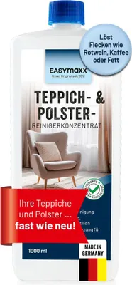 Produktbild von maxxworld Teppich- & Polsterreiniger Konzentrat 2x 500ml mit Spezial-Fleckenformel, farbauffrischend, geruchsneutralisierend, schadstofffrei & hoher Materialverträglichkeit. Kompatibel mit CLEANmaxx, Nasssaugern & zur Handreinigung. Ideal für Teppiche, Polster, Auto, Kleidung. Nicht für Seide, Kokos, Sisal. Einfache Anwendung.