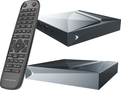 Image de Intermedia Arts V12 Android 11 Box 4K UHD, Quad Core ARM Cortex 2.0 GHz, 2GB RAM, 16GB eMMC, BT 5.1, Gigabit LAN, 5G WLAN, BT Fernbedienung, H. 265, Widevine L1, ARM G31 MP2 GPU, HTS e-com HDMI-Kabel