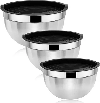Produktbild von Ibenzoa® 3‑teiliges Rührschüssel-Set aus Edelstahl mit schwarzen luftdichten Deckeln – stapelbar, Schalen spülmaschinenfest für Backen & Aufbewahrung