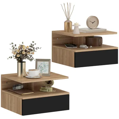 Produktbild von Wandnachttisch 2er Set grifflos mit Schublade, Hängender Nachtschrank 35 cm, Schwebender Nachttisch für Schlafzimmer, Schwarz-Eiche