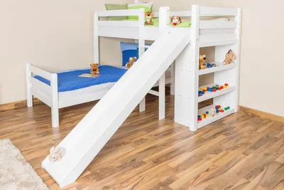 Produktbild von Etagenbett / Spielbett Phillip Buche massiv weiß lackiert mit Rutsche und Regal inkl. Rollrost - 90 x 200 cm, teilbar
