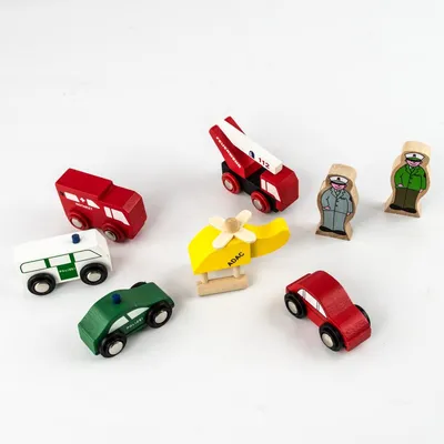 Produktbild von Holzeisenbahn Zubehör Set Holz Feuerwehr Polizei Arzt Rettungsteam Holzspielzeug