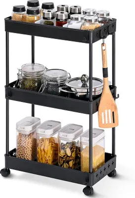 Image de Unyqoos® : chariot de cuisine fin – chariot de rangement à 3 niveaux, 22 cm de large, mobile sur roulettes, noir, 40 x 22 x 62 cm