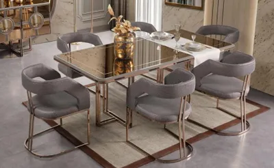 Produktbild von Essgarnitur Essgruppe Esszimmer Luxus Esstisch Stühle Gold Holz Set 7tlg