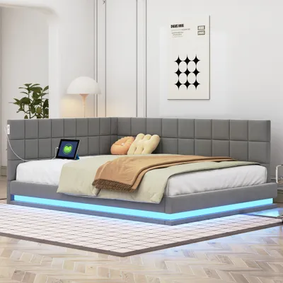 Produktbild von MODFU Schlafsofa Tagesbett 140x200cm mit LED Lichtleiste, USB Steckdose und Lattenrost, Polsterbett Daybett Kinderbett Jugendbett, Grau(Ohne Matratze)