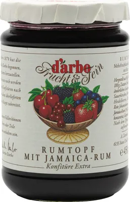 Produktbild von Food-United KONFITÜRE-EXTRA mit Alkohol 1% Jamaica Rum 450g von DARBO Naturrein Rumtopf-Konfitüre fruchtiger rum pot jam  perfekt für Brot und Brötchen Früchte-Füllungen-Kuchen Torten Quark Porridge Puddings Eiscremes Gebäck