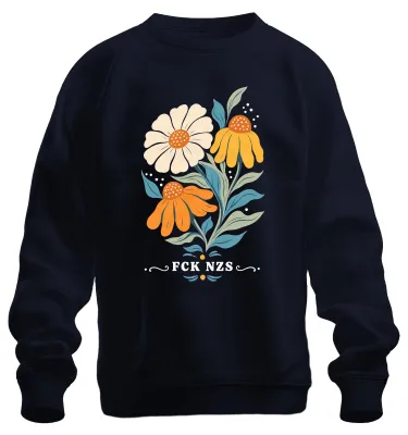 Immagine prodotto di Felpa girocollo vintage con stampa "Girasole, Margherita, Fiori di campo", stile audace e ironico, colore blu navy, taglia S