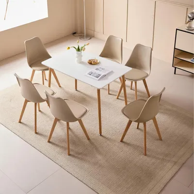 Produktbild von Esszimmer-Set 1 Tisch 6 Stühle 110x70x75 cm Rechteckiger Esstisch Holz Khaki Stühle PolyurethanMetallbeine
