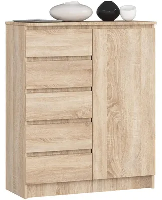Produktbild von Kommode - 1 Tür und 5 Schubladen - 3 Regalböden - 80 x 35 x 97 cm - Holzkonstruktion - Freistehend - Sonoma-Eiche