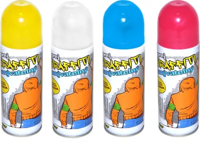 Four cans of spray paint in different colors (yellow, white, blue, pink) arranged side-by-side against a white background.