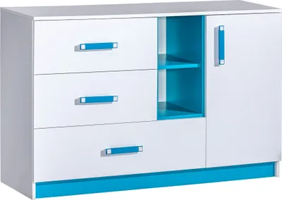 Produktbild von Furniture24 Kommode Sideboard TRAFIKO 07 mit 3 Schubladen und 1 Tür Weiß/Türkis