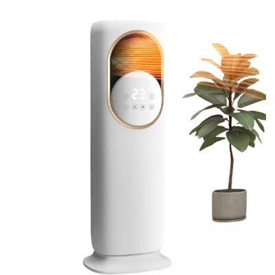 A white electric heater and a potted plant against a white background.