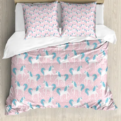 Zdjęcie produktu dla ABAKUHAUS Unicorn-Party Komplet pościeli, Wesoły, uroczy, fantastyczny koń z małymi gwiazdkami i serduszkami, 155 x 220 cm + 80 x 80 cm, różowy, morski błękit, biały