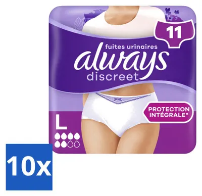Immagine prodotto di 10 paia di slip assorbenti per incontinenza Always Discreet, taglia L, confezione , 10 pezzi