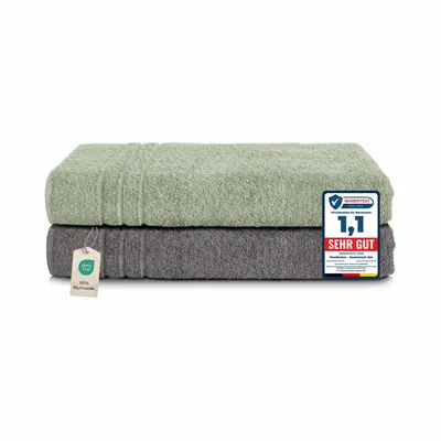 Produktbild von Komfortec 2er Saunatuch Set 80x200 cm aus 100% Baumwolle, XXL-Saunatücher, Sauna Handtuch, Weich, Groß, Frottee, Schnelltrocknend, Anthrazit/Hellgrün