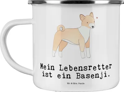 Produktbild von Mr. & Mrs. Panda Pott Basenji Lebensretter - Weiß - Geschenk, Kongo-Terrier, Kaffeepott, Campingtasse, Emaille Tasse, blechbecher, Teetasse