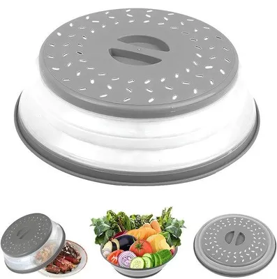 Productafbeelding van Ibenzoa® Opvouwbare magnetronafdekking – voedselveilig kunststof, grijs, 26,8 x 8 cm, met handgreep en ventilatieopeningen, spatbescherming voor veilig verwarmen