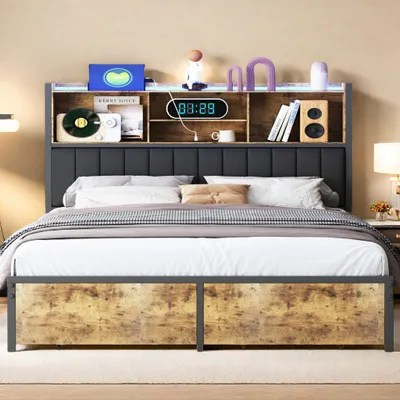 Zdjęcie produktu dla Łóżko metalowe Fortuna Lai 140x200cm z LED, USB i szufladami, łóżko z zagłówkiem, czarne