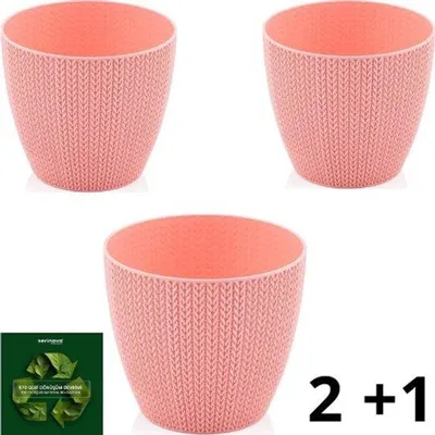 Produktbild von 3 rosa Blumentöpfe - gehäkelt - Serinova - Kräutertöpfe - 14x14x12cm - mit Wasserschale - UV-beständig