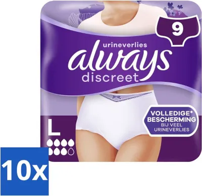 Obrázok produktu pre Always – nohavičky na inkontinenciu – pre ženy s inkontinenciou moču, veľkosť L – 9 nohavičiek – výhodné balenie – 10 kusov