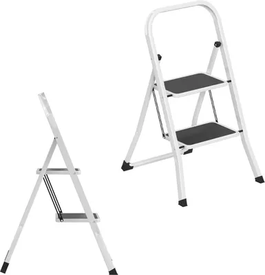 Produktbild von TWOLIIN Trittleiter Klappbar 2 Stufen – Haushaltsleiter aus Stahl, rutschfeste Trittflächen, Sicherheitsverriegelung, 150 kg belastbar, Klappleiter für Küche, Werkstatt, Büro, Weiß-Schwarz