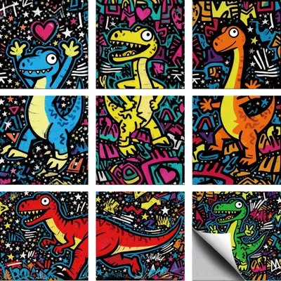 Productafbeelding van Tezelfdesticker voor tegels - 36 stuks met 9 dinosaurusmotieven - Waterdicht en zelfklevend, geschikt voor keuken en badkamer - 10,16 x 10,16 cm