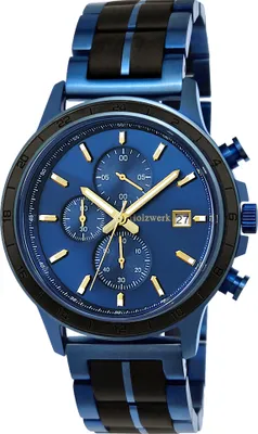 Produktbild von Holzwerk BLAUSTEIN Herren Edelstahl & Holz Uhr Chronograph mit Datum, blau, gold