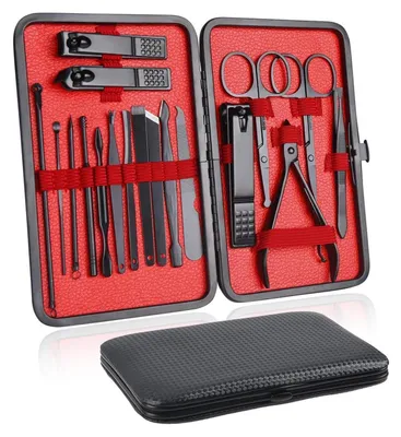Image de Kit de manucure en acier inoxydable, 18 pièces, avec étui en cuir noir et rouge