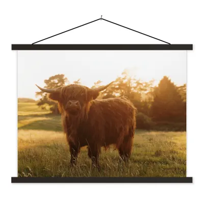 Produktbild von MuchoWow® Textilposter Schottischer Hochländer - Gras - Sonne 150x113 cm mit schwarzem Rahmen - Wohnzimmer