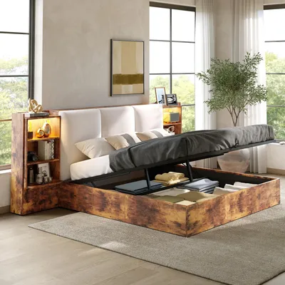 Produktbild von Flieks Jugendbett Doppelbett 180x200cm mit Staufächern, Hydraulisches Stauraumbett mit Led, Holzbett mit gepolstertem Kopfteil, Leinen, Braun