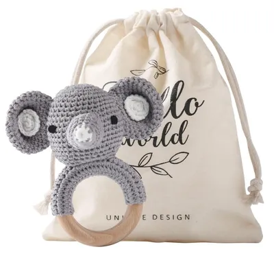 Produktbild von Baby Rassel Elefant aus Holz mit Beißring und Glockenklang Grau 11cm