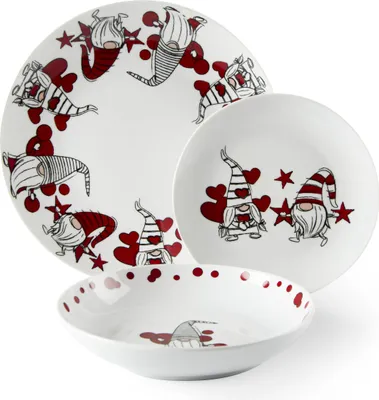 A set of three white ceramic dishes with a gnome and heart pattern.