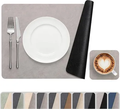 Produktbild von PolkaHome® Platzsets, abwischbar, Kunstleder, doppelseitig, hitzebeständig, rutschfest, Platzsets, 6er-Set, Kunstleder (grau, schwarz,