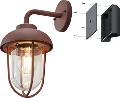 A vintage-style outdoor wall light with a rust-look finish and a clear glass shade, shown with mounting hardware.