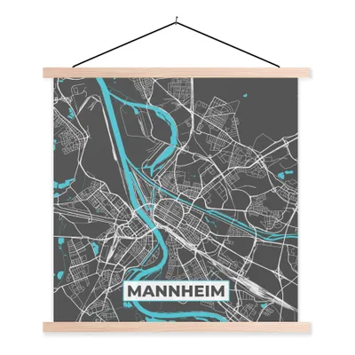 Produktbild von MuchoWow® Textilposter Stadtplan - Deutschland - Blau - Mannheim - Karte 60x60 cm mit holzfarbenen Rahmen - Wanddekoration