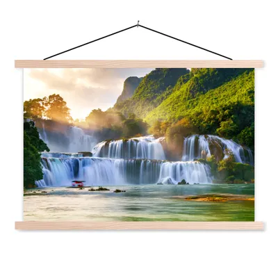 Produktbild von MuchoWow® Textilposter Wasserfall - Pflanzen - Sonne - Wasser - Natur 120x80 cm mit holzfarbenen Rahmen - Aufhängeset