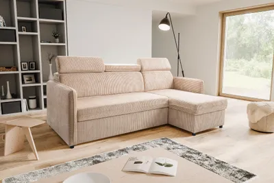 Produktbild von BARCELO MINI Universelles Ecksofa 220x140 cm L-Form mit: Schlaffunktion, Bettkasten & Verstellbare Kopfstützen, Puderbeige - Anafi 22 (Kordstoff)