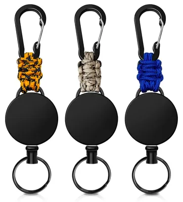 Produktbild von Set aus 3 einziehbaren Schlüsselanhängern, einziehbarem Schlüsselring, Lanyard, Auswelter mit 60 cm Stahlseil, ausziehbarem Auswelter mit Karabiner (blau+beige+orange)