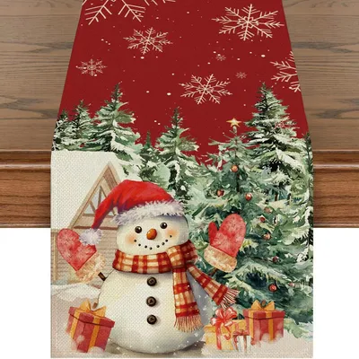 Obrázek produktu pro Běžec na stůl, vánoční motiv, sněhulák, sněhová vločka, červený, 40x180 cm, polyester