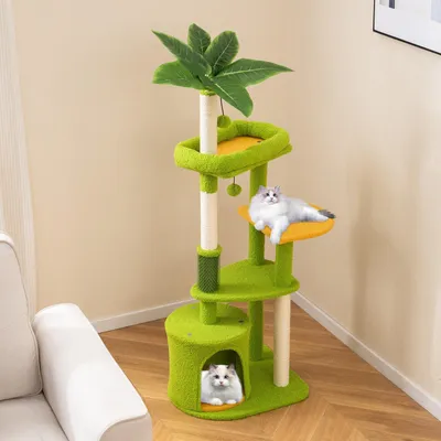 Produktbild von GOPLUS Kratzbaum klein, 122 cm Katzenbaum mit Katzenhöhle, Sisal-Kratzpfosten, Pflegebürste, Ball & künstlichen Blättern, Katzenkratzbaum für Kätzchen