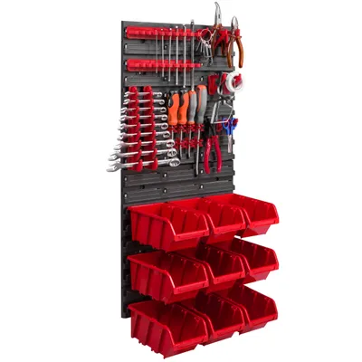 Produktbild von Lagersystem Wandregal 39x78cm, Werkzeughalterungen,  9 stck. Stapelboxen Schüttenregal Sichtlagerkästen, Extra Starke Wandplatten, Regal Erweiterbar, Werkstattregal Lagerregal Werkstattwandregal Steckregal