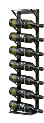 A black metal wine rack holding eight bottles of wine, displayed against a white background.