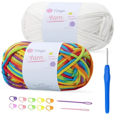 Image de Kit de fil à crochet, 2 pelotes de 100g, avec un crochet de 4 mm, fil épais, mélange coton-nylon, couleurs arc-en-ciel + blanc