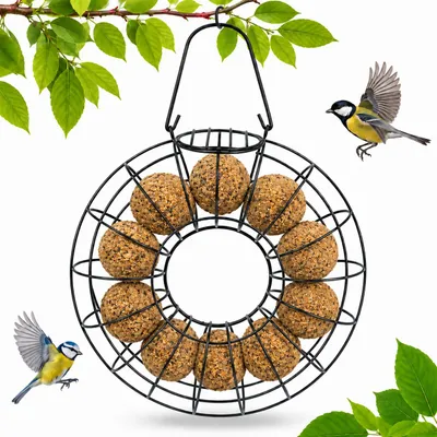 Produktbild von Meisenknödelhalter rund aus Metall zum Aufhängen, Futterstation für Vögel, Vogelfutterspender für Meisenknödel, Wildvögel, Garten & Balkon