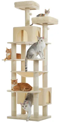 Image de Arbre à grimper Kratzbaum pour chats - Modèle XL - Hauteur : 205 cm - Deux cachettes - Hamac et plateformes de repos extra larges - Poteaux à gratter - Idéal pour les grands chats
