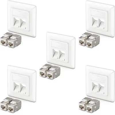 Produktbild von deleyCON RJ45 Netzwerkdose Unterputz 10 Gbit/s Cat6a, 5 Stück - Weiß – Größe 5x Dose + 10x Keystone