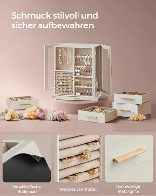 Produktbild von SONGMICS Schmuckkästchen, Schmuckkasten, 360° drehbar, mit 5 Schubladen, Glasfenster, Geschenkidee, weiß