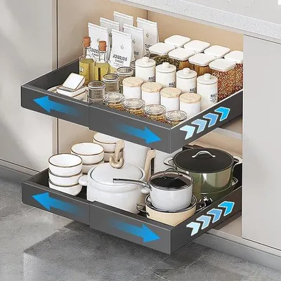 Produktbild von Famanu Teleskopische Küchenschublade ausziehbar 31–52 cm breit selbstklebender Schrankorganizer ohne Bohren grau